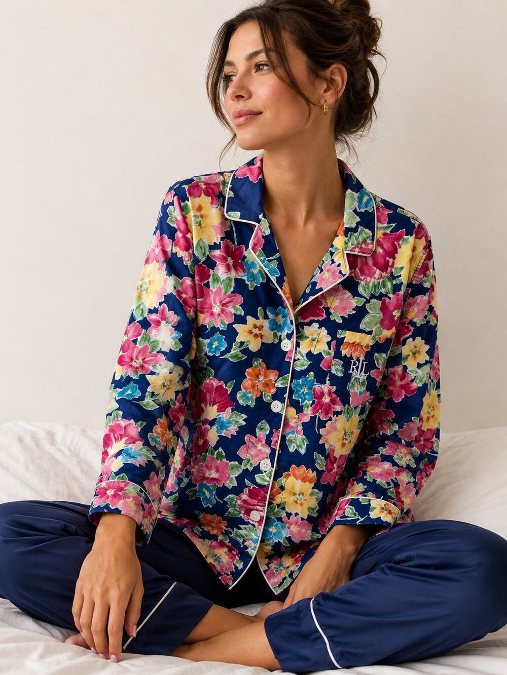 RALPH LAUREN Blue Floral Pajama Top Button Front Sleep Shirt Loungewear | Medium